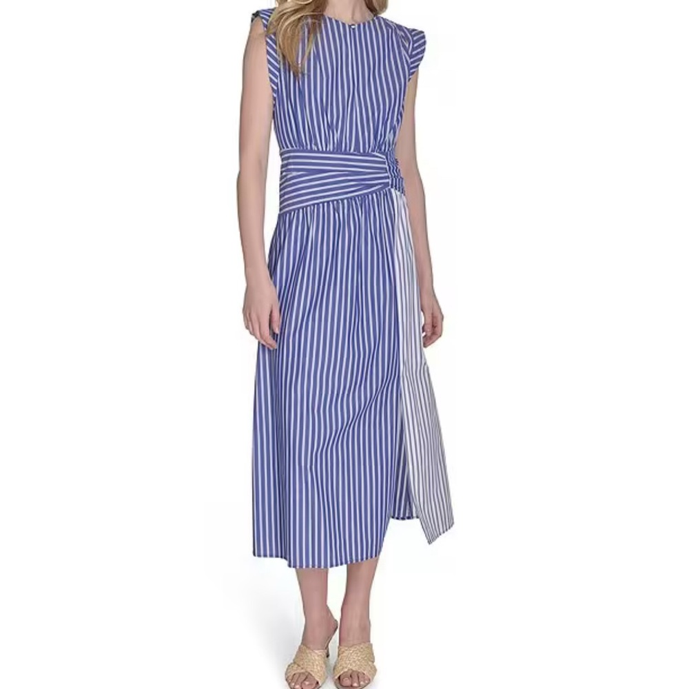 Vince Camuto Blue and White Midi Sundress with Flutter Cap Sleeves